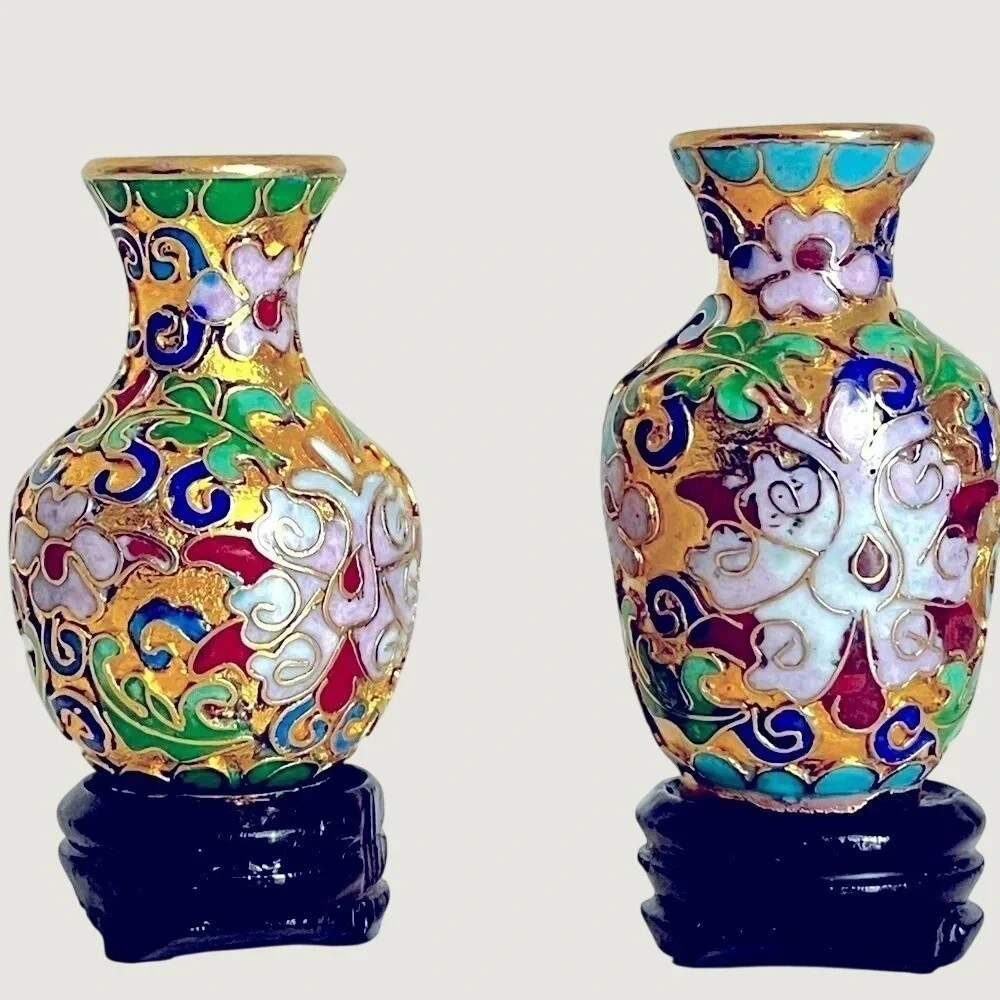 Vintage Cloisonne Style Mini Vases Bases Gold Tone Floral Decorative Collectible - Picture 2 of 11